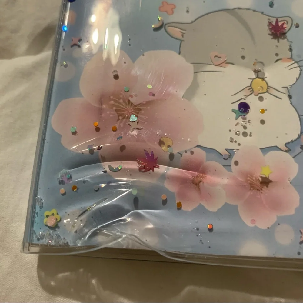 Cherry Blossom and Rat Design Small Notebook w/ Water Gel Front Cover w/ Sequins
